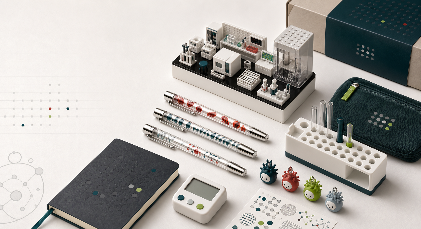 A premium scientific giveaway kit with a miniature lab model, lab marker pens, timer, tube rack organizer, notebook, pouch, and desk charms.