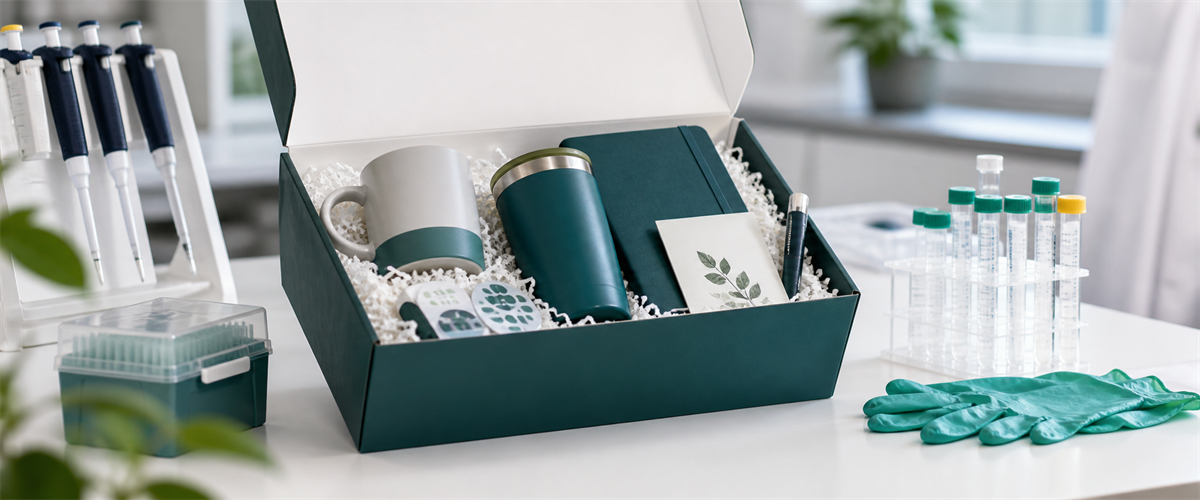 Researcher appreciation gift box with lab-adjacent branded items on a clean laboratory table.