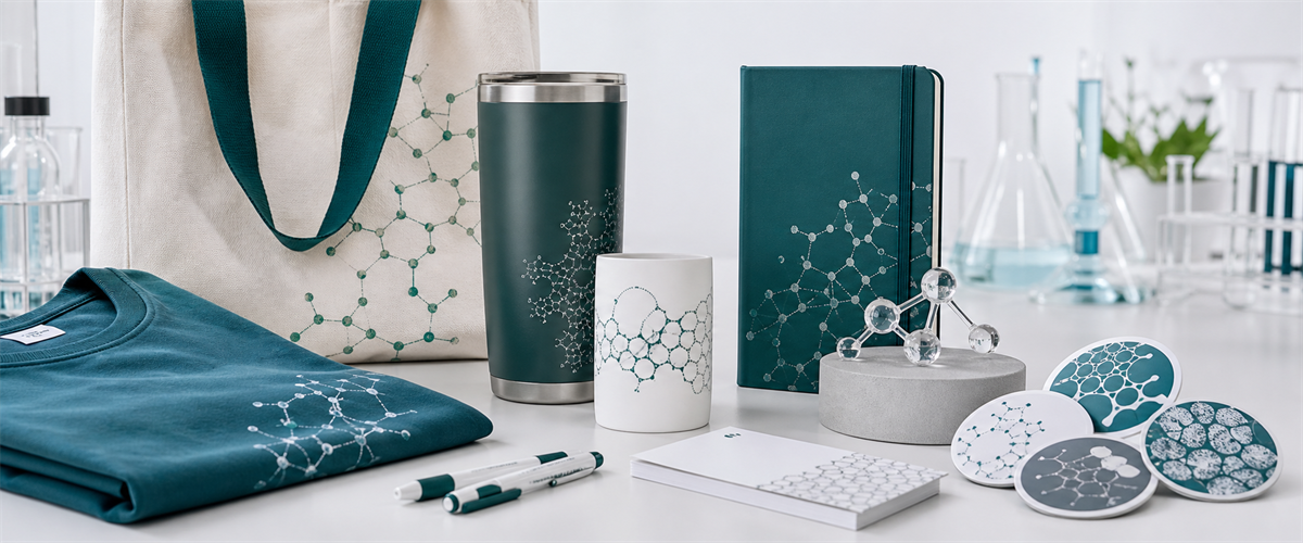 Premium scientific brand merchandise displayed with lab-inspired design details.