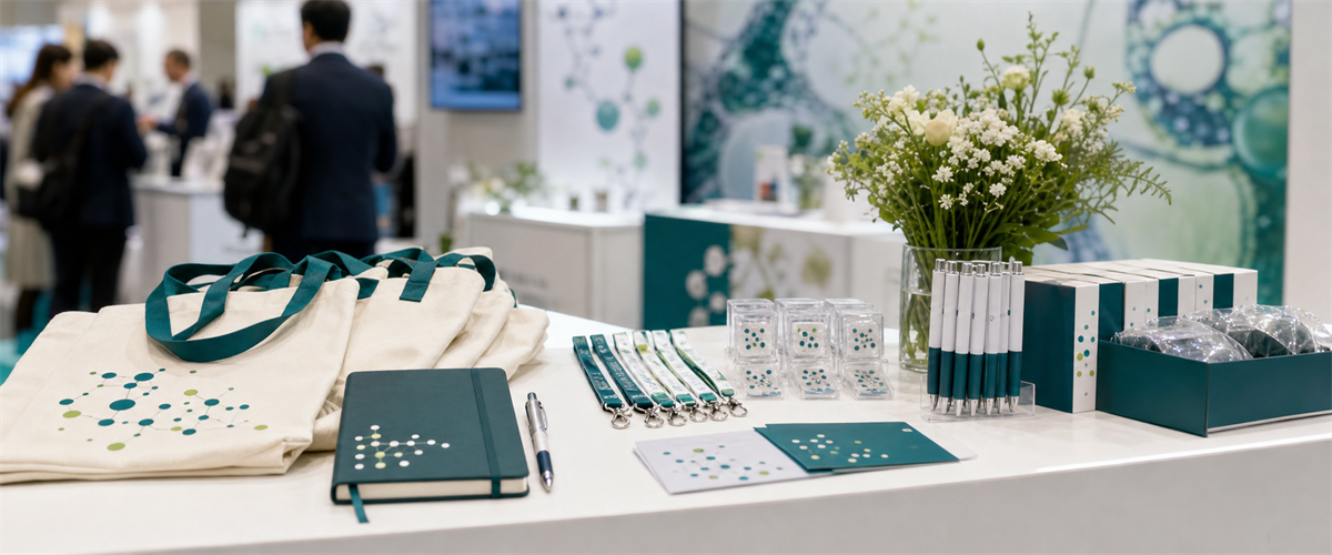 Conference table with branded scientific giveaway items arranged for a life science event.