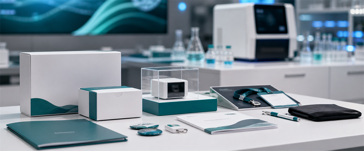 Product launch merchandise and presentation materials arranged beside life science lab equipment.