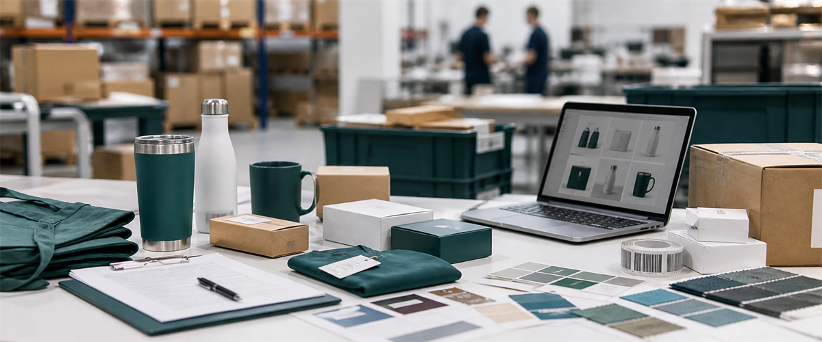 International sourcing project table with samples, packaging, laptop, and production materials.